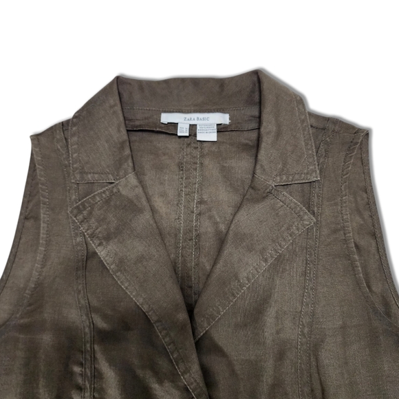 Zara Basic Women Vest Sz M Khaki Green Vintage Utility Style Belt, 100% Ramie - Picture 8 of 11